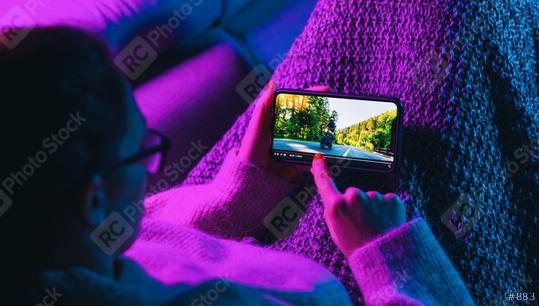 Woman stop watching film on mobile phone with imaginary video player service. Concept of online video streaming movies and series.  : Stock Photo or Stock Video Download rcfotostock photos, images and assets rcfotostock | RC Photo Stock.: