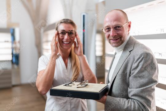 Woman trying on glasses with optician presenting eyewear options, looking to camera in a optical store.  : Stock Photo or Stock Video Download rcfotostock photos, images and assets rcfotostock | RC Photo Stock.: