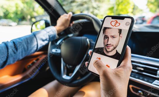 Woman use Dating app or site in mobile phone screen in a car. Woman swiping and liking profiles on relationship site or application. Single woman using smartphone to find love, partner and boyfriend.  : Stock Photo or Stock Video Download rcfotostock photos, images and assets rcfotostock | RC Photo Stock.: