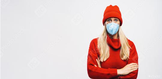 Woman wearing N95 FFP2 an anti virus protection mask to prevent others from corona COVID-19 and SARS cov 2 infection in autumn outfit, with copy space for individual text  : Stock Photo or Stock Video Download rcfotostock photos, images and assets rcfotostock | RC Photo Stock.: