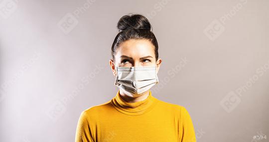 Woman with anti virus protection mask to prevent others from corona COVID-19 and SARS cov 2 infection  looking up over   : Stock Photo or Stock Video Download rcfotostock photos, images and assets rcfotostock | RC Photo Stock.: