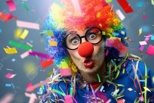 woman with carnival mask, red nose and fashion style. confetti pieces and ribbon Falling in colorful colors  : Stock Photo or Stock Video Download rcfotostock photos, images and assets rcfotostock | RC Photo Stock.: