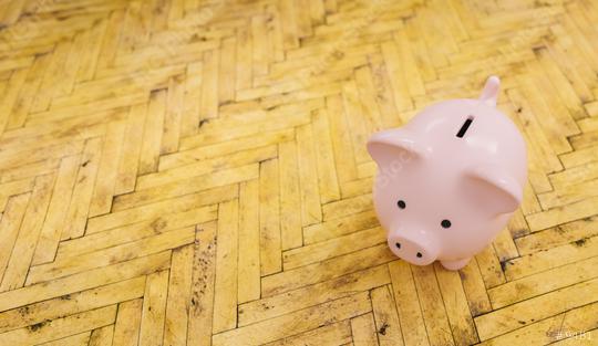 wooden floor with a piggy bank  - copyspace for your individual text.  : Stock Photo or Stock Video Download rcfotostock photos, images and assets rcfotostock | RC Photo Stock.: