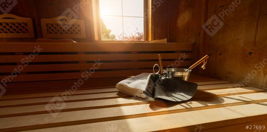 Wooden sauna with benches, window, towel, metal bucket, ladle, and felt hats in a finnish sauna. Spa wellness hotel concept image.  : Stock Photo or Stock Video Download rcfotostock photos, images and assets rcfotostock | RC Photo Stock.: