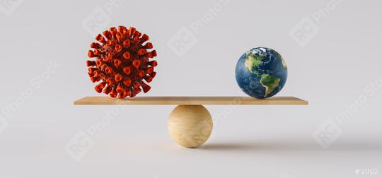 wooden scale balancing big Earth ball and Coronavirus. Concept of harmony and balance  : Stock Photo or Stock Video Download rcfotostock photos, images and assets rcfotostock | RC Photo Stock.: