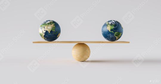 wooden scale balancing two big Earth balls. Concept of harmony and balance  : Stock Photo or Stock Video Download rcfotostock photos, images and assets rcfotostock | RC Photo Stock.: