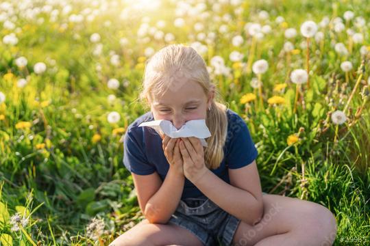 young girl sitting in a field of dandelions, holding a handkerchief to her nose, showing signs of allergies. The bright sunlight and blooming flowers highlight the springtime setting  : Stock Photo or Stock Video Download rcfotostock photos, images and assets rcfotostock | RC Photo Stock.: