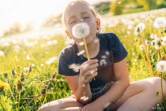 young girl sitting in a sunny field full of dandelions, blowing on a dandelion puff with closed eyes, enjoying the moment. The sun is shining brightly, capturing the essence of a warm spring day.  : Stock Photo or Stock Video Download rcfotostock photos, images and assets rcfotostock | RC Photo Stock.: