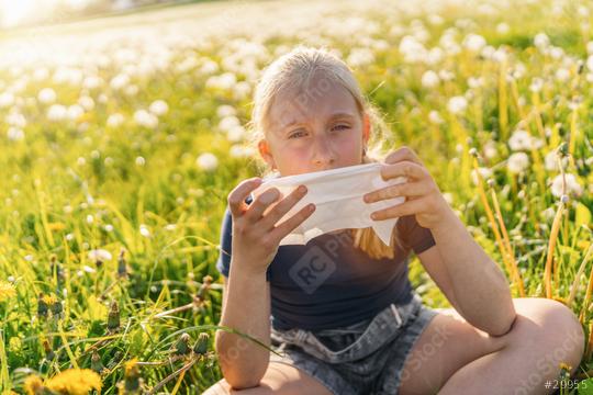 young girl sitting in a sunny field full of dandelions, holding a handkerchief to her face, showing signs of allergy to pollen and grasses in spring. The sun is shining brightly at a warm spring day  : Stock Photo or Stock Video Download rcfotostock photos, images and assets rcfotostock | RC Photo Stock.: