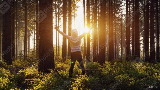 Young man raised hands stand in forrest and enjoys nature and sunlight  : Stock Photo or Stock Video Download rcfotostock photos, images and assets rcfotostock | RC Photo Stock.:
