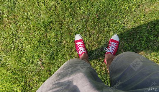 Young man standing in freshly grass lawn in casually dressed red sneakers, Point of view shot  : Stock Photo or Stock Video Download rcfotostock photos, images and assets rcfotostock | RC Photo Stock.: