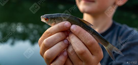 Young person proudly holding a small fish in their hands, with focus on the fish