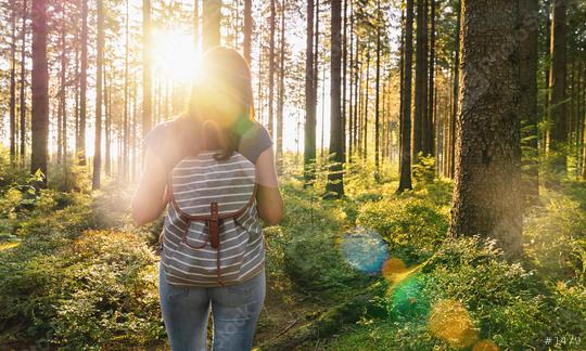 Young Traveler woman with backpack stand in forrest and enjoys nature and sunlight  : Stock Photo or Stock Video Download rcfotostock photos, images and assets rcfotostock | RC Photo Stock.: