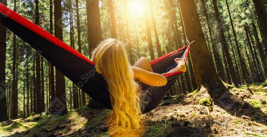 Young woman in a comfortable hammock at the forest  : Stock Photo or Stock Video Download rcfotostock photos, images and assets rcfotostock | RC Photo Stock.: