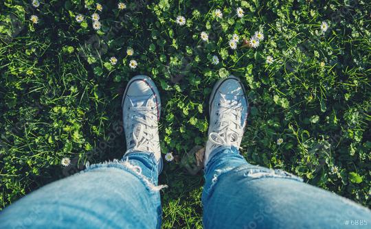 young woman stands in sneakers in a Daisy meadow at spring, high angle footsie or flortrait, personal pespective from above.  : Stock Photo or Stock Video Download rcfotostock photos, images and assets rcfotostock | RC Photo Stock.: