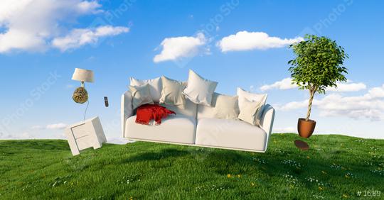 Zero Gravity Sofa hovering over a meadow with furniture and blue sky  : Stock Photo or Stock Video Download rcfotostock photos, images and assets rcfotostock | RC Photo Stock.: