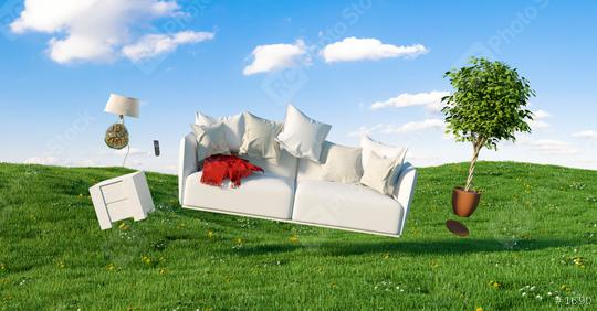 Zero Gravity Sofa hovering over a meadow with furniture and cloudy sky  : Stock Photo or Stock Video Download rcfotostock photos, images and assets rcfotostock | RC Photo Stock.: