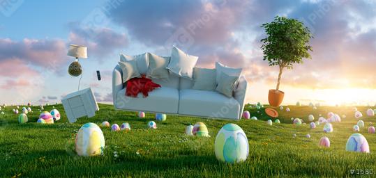 Zero Gravity Sofa hovering over many colorful painted Easter eggs on a meadow with furniture at sunset  : Stock Photo or Stock Video Download rcfotostock photos, images and assets rcfotostock | RC Photo Stock.: